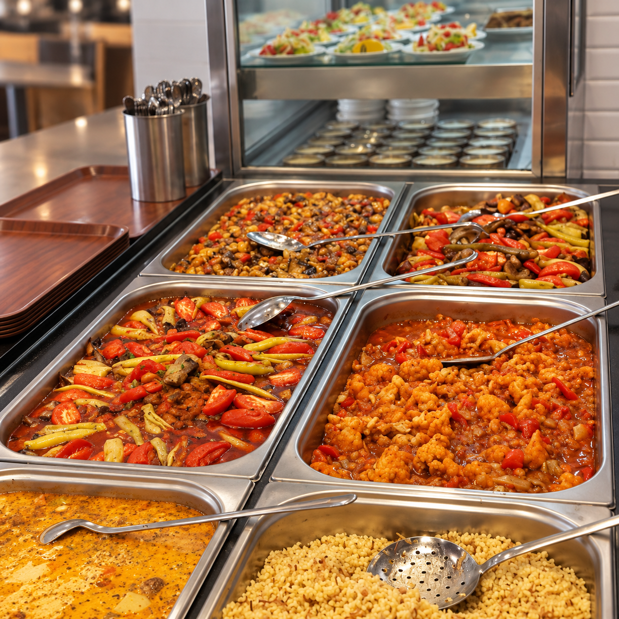 A selection of hot dishes, vegetables and grains ready for buffet service